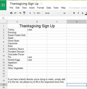 Screenshot of a Google Doc Thanksgiving Sign up