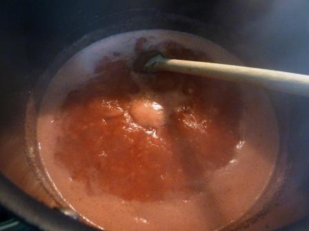 Watch out during the hard boil.  There's a reason my spoon is so long here.  I'm trying to keep my distance from that very hot liquid that keep trying to jump up and burn me.